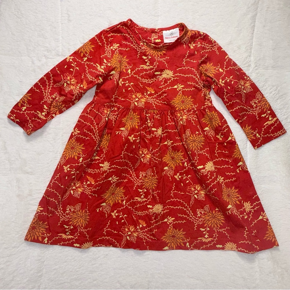 NWOT Girls Hanna Andersson Floral Red/Orange/Yellow Long Sleeve Dress Sz 90